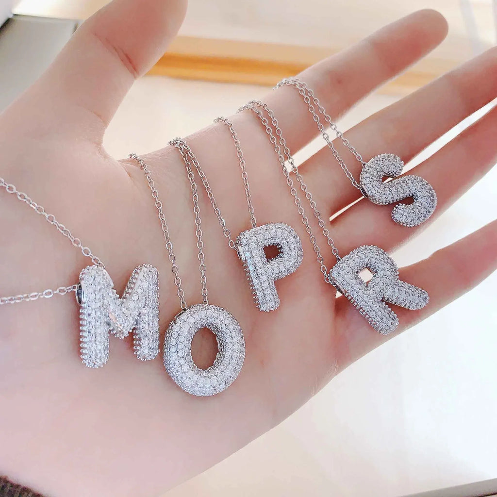 Bubble Initial Necklace – Sparkly A-Z Pavé Letter Pendant