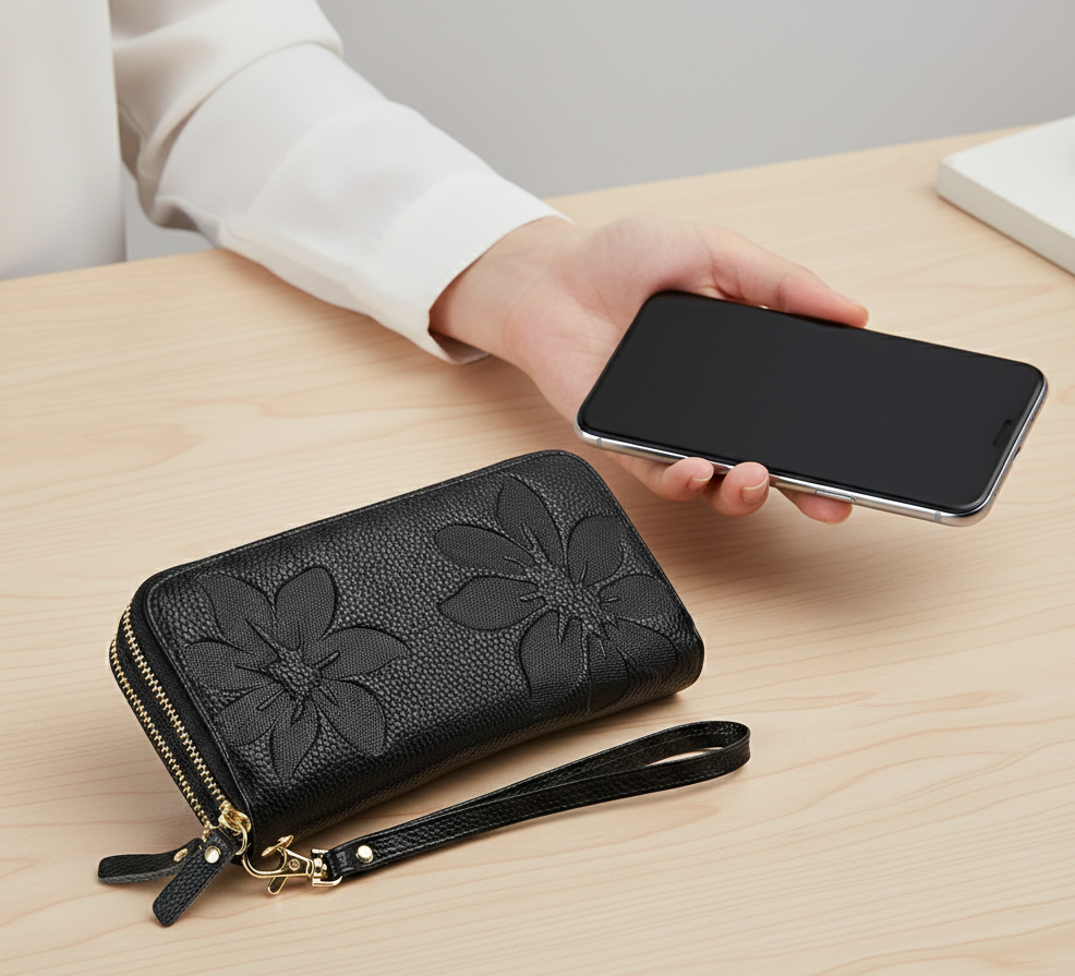 Genuine Leather Long Wallet – Chic Double Zipper