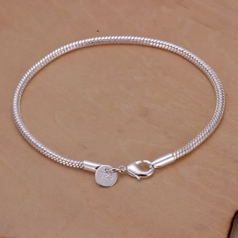 925 Silver 3MM Snake Chain Bracelet Women Wedding Jewelry