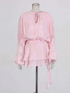V-Neck Tie Mini Dress – Flowy Draped Sleeves & Woven Polyester