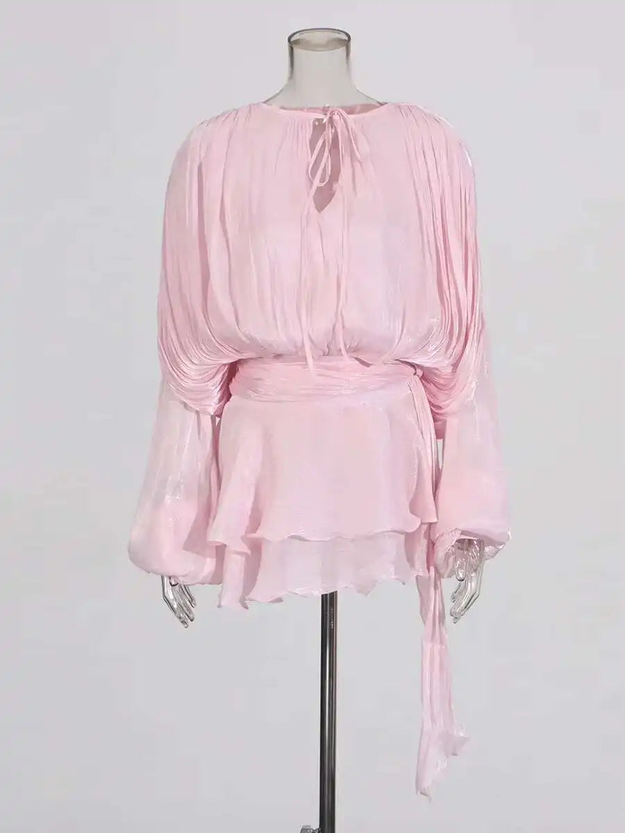 V-Neck Tie Mini Dress – Flowy Draped Sleeves & Woven Polyester