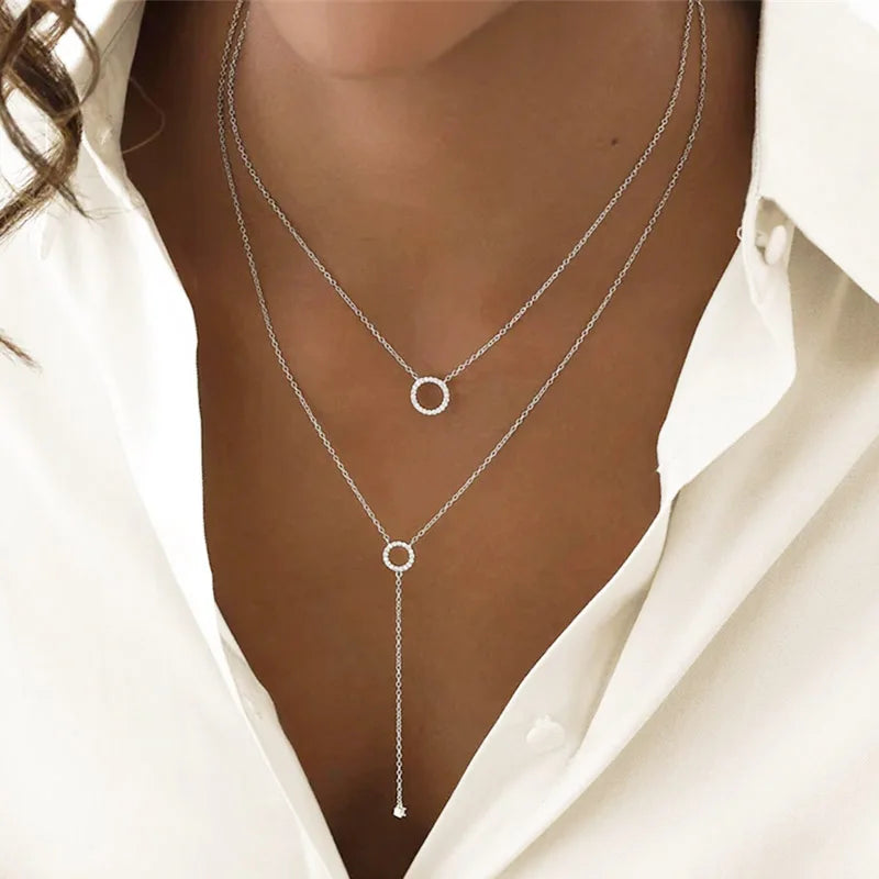 925 Silver Double Circle Zircon Choker Necklace