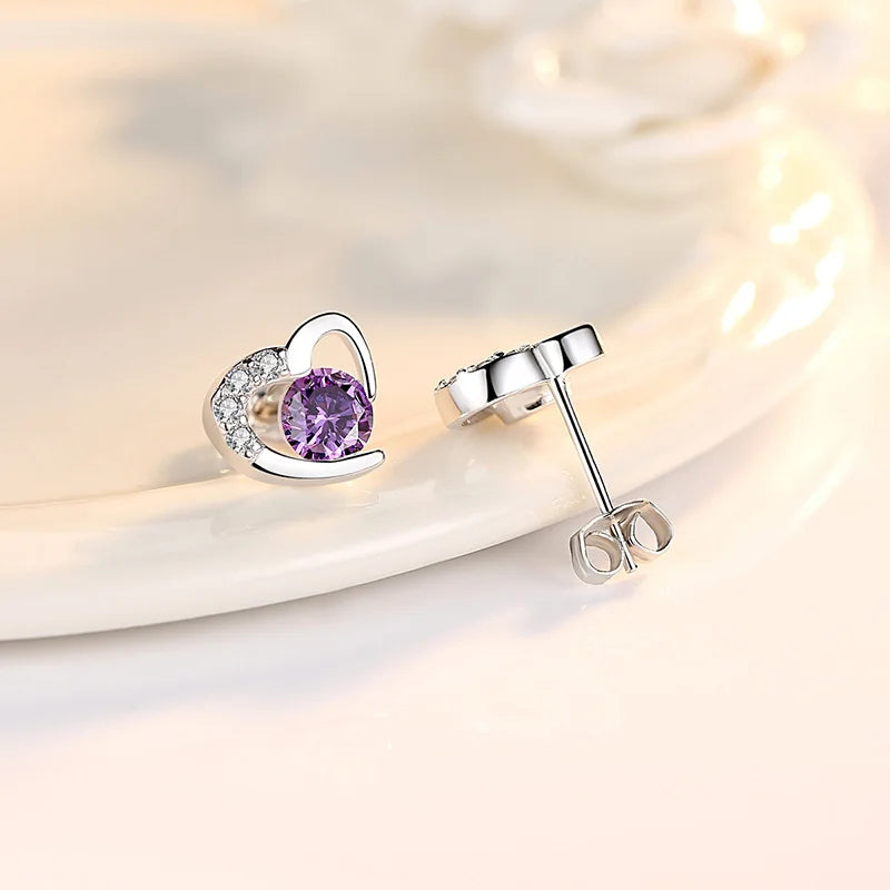 925 Sterling Silver Crystal Heart Stud Earrings for Women
