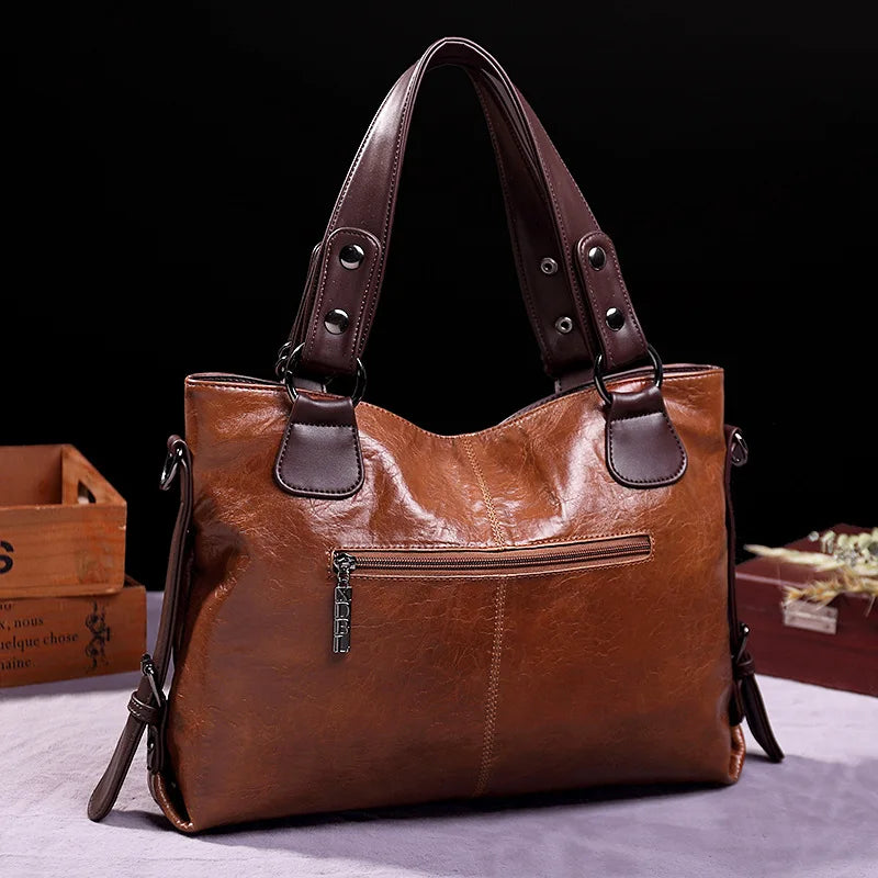 Vintage Soft Leather Tote Bag Women Shoulder Crossbody Handbag