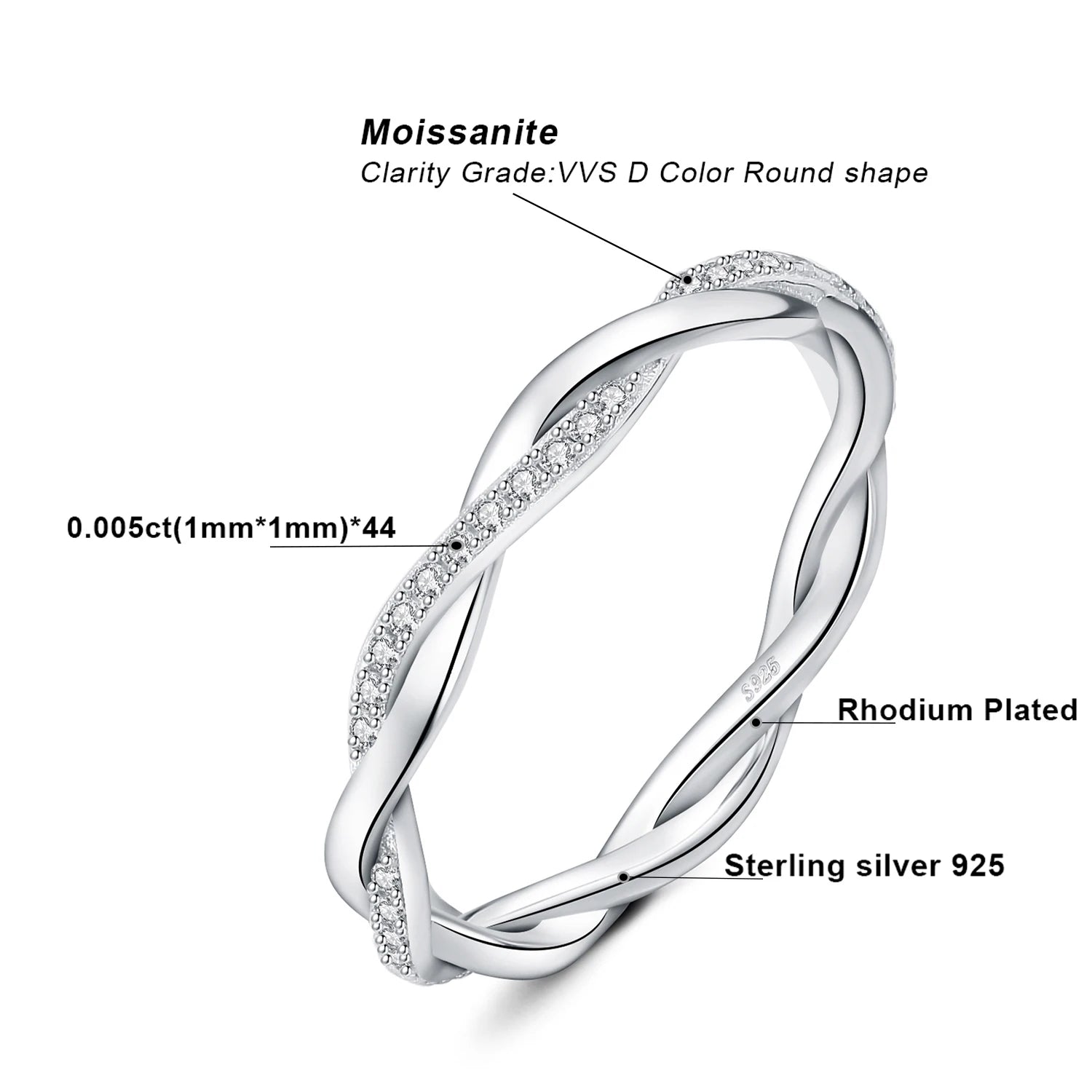 Moissanite D Love Rope Ring 925 Silver Gold Stackable