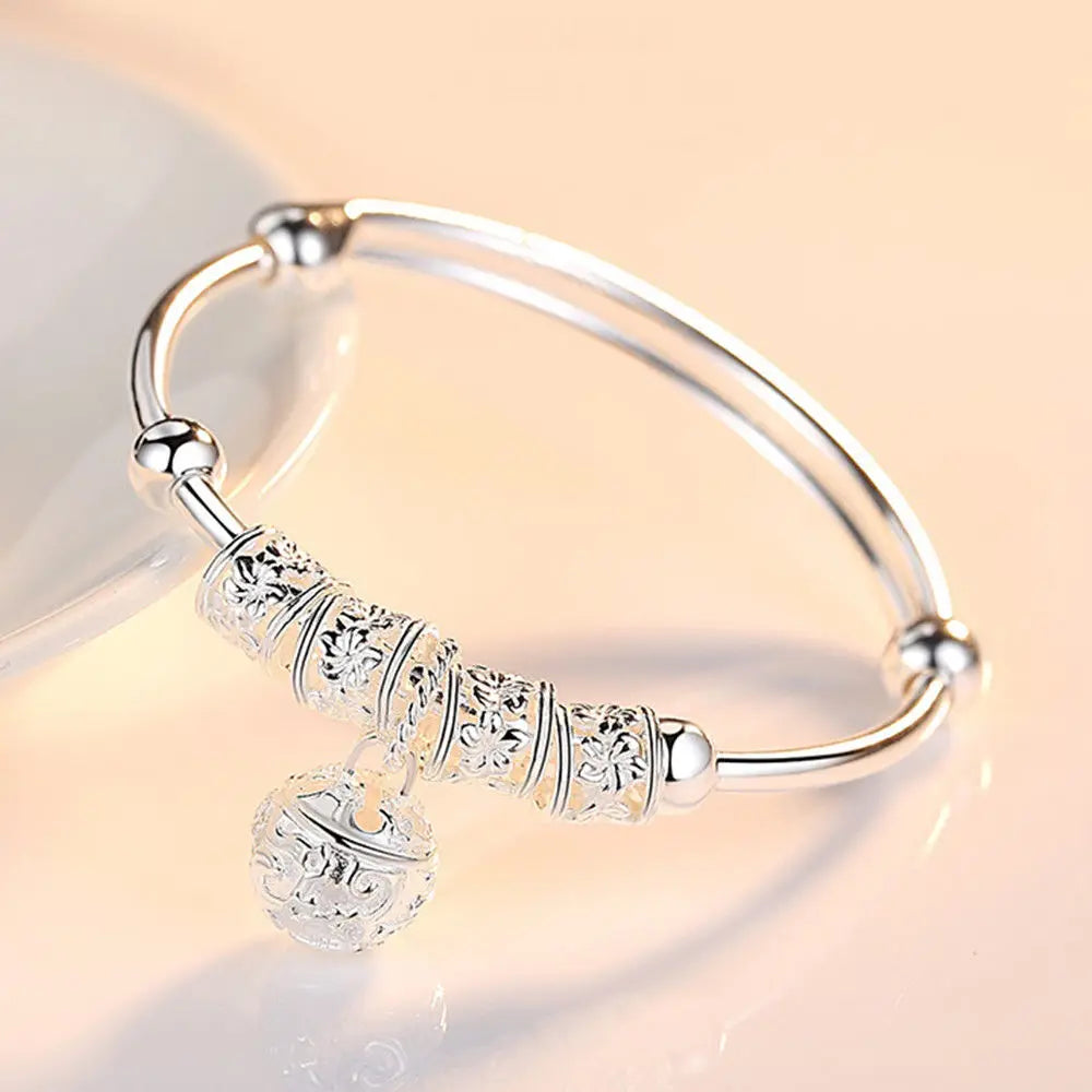 925 Sterling Silver Hollow Bell Ball Adjustable Bangle Bracelet