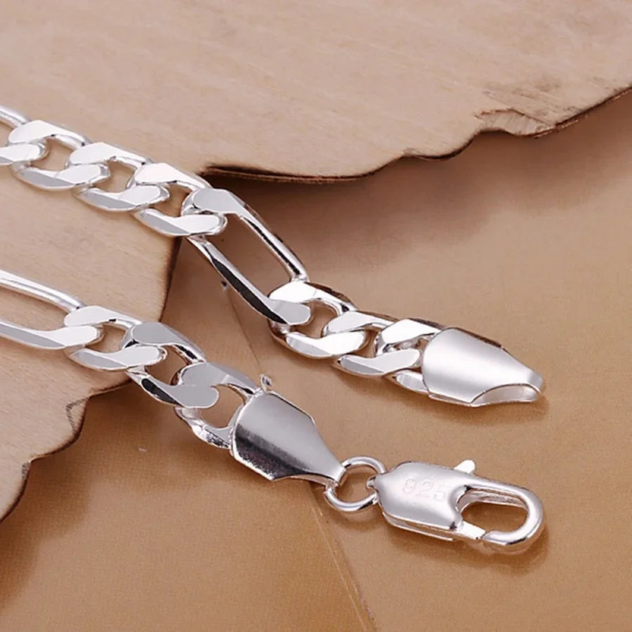 925 Sterling Silver Figaro Bracelet 6-8mm Chain Jewelry 20cm
