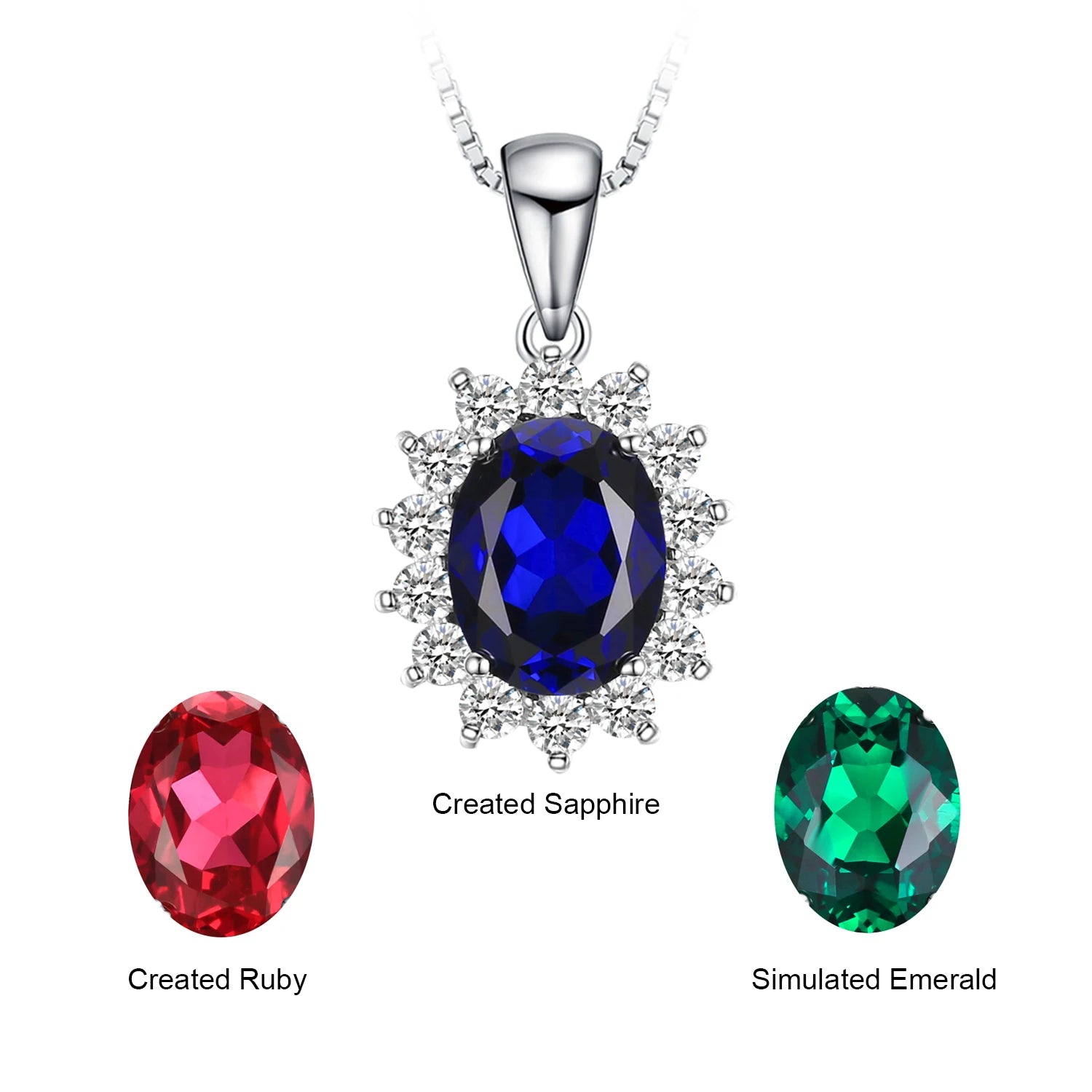 Princess Diana Inspired Blue Sapphire Ruby Emerald 925 Silver Pendant