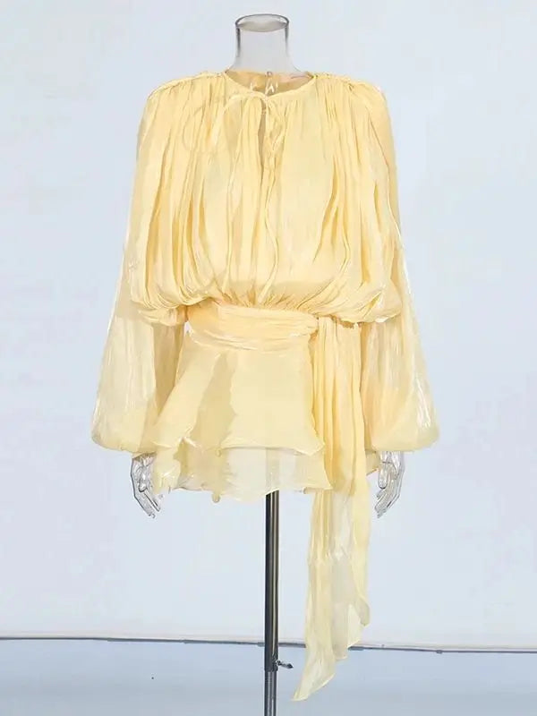 V-Neck Tie Mini Dress – Flowy Draped Sleeves & Woven Polyester
