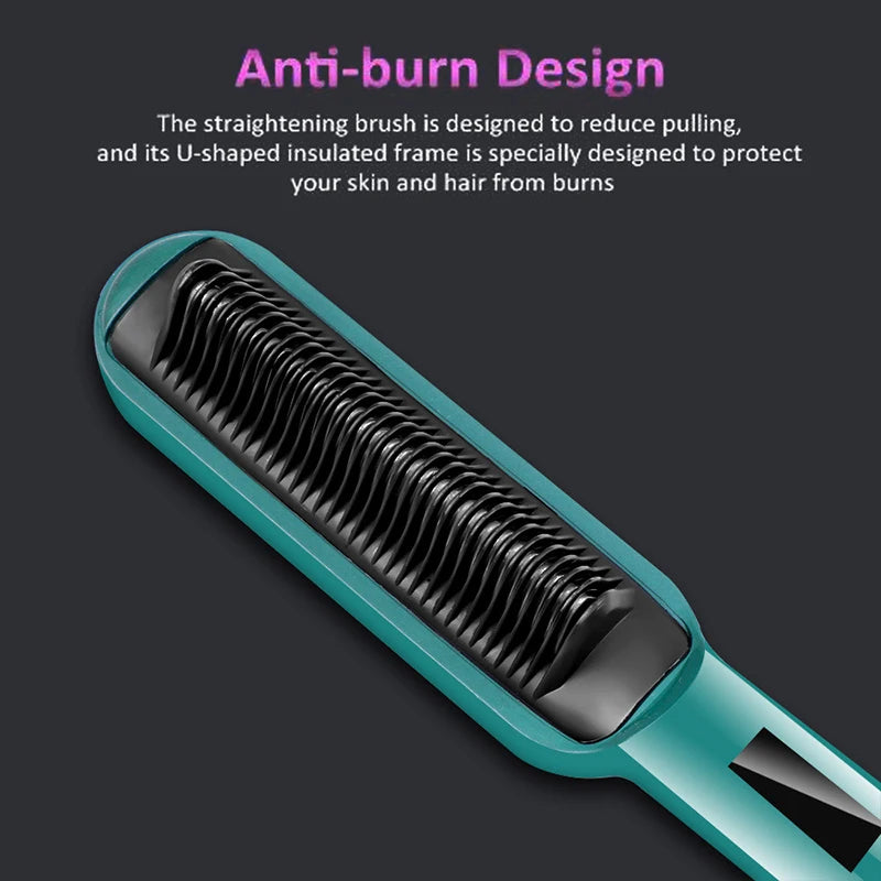 Ionic Hair Straightener Brush with LCD Display & Anti-Scald Comb