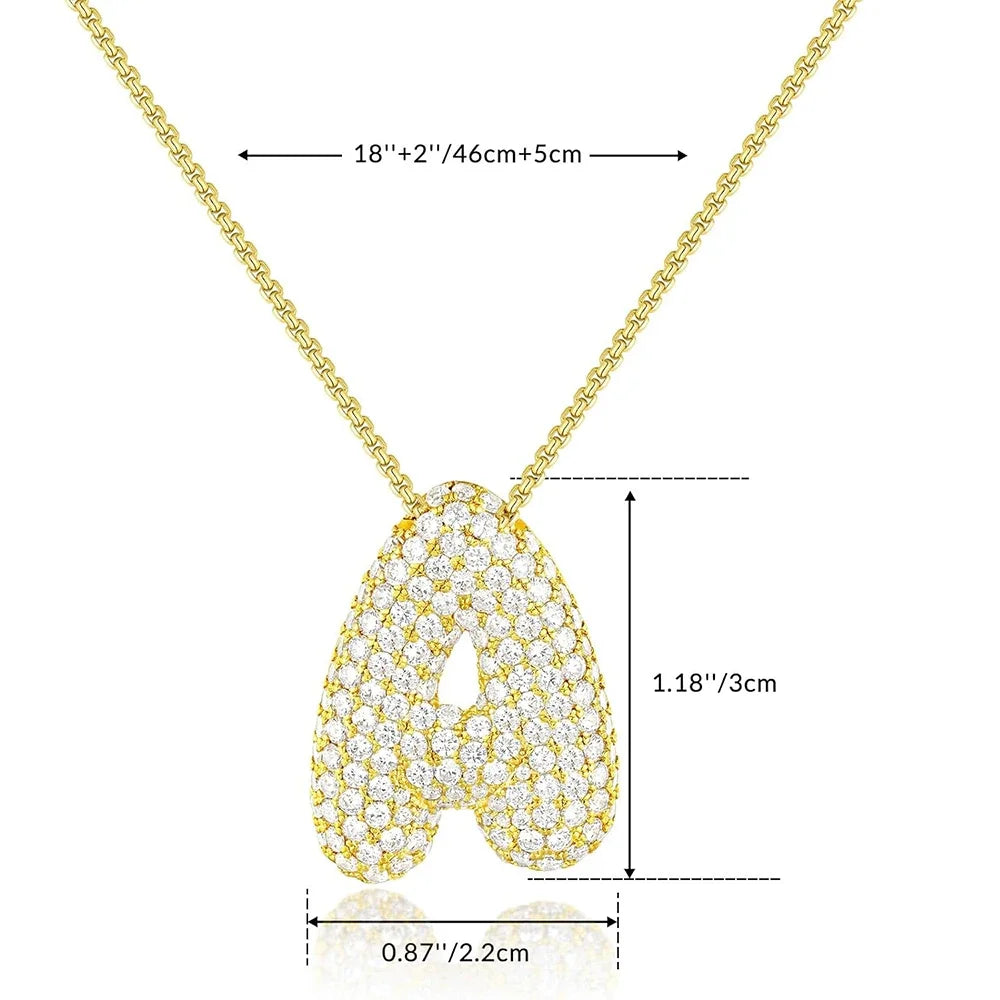 Gold Bubble Letter Necklace A-Z, Sparkly Zircon Initial Pendant