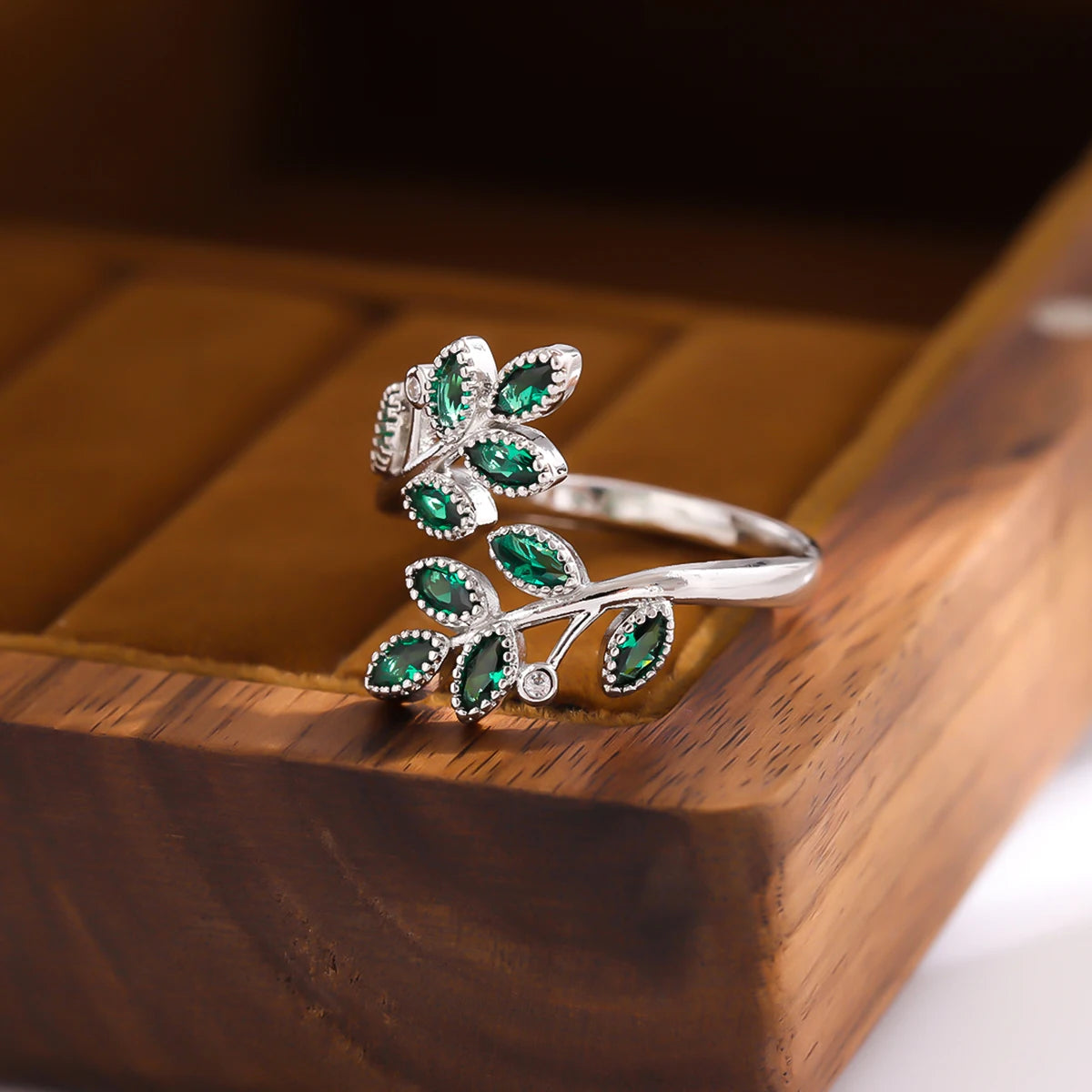 Green Crystal Sterling Silver Adjustable Leaf Ring