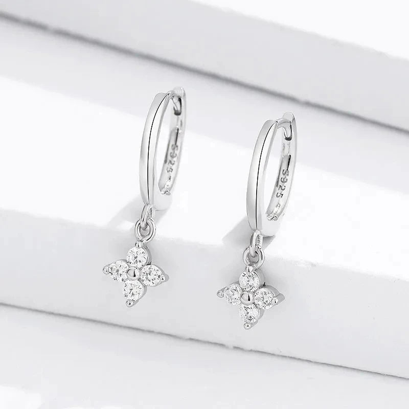 925 Silver Zircon Four Leaf Hoop Earrings for Women Girls