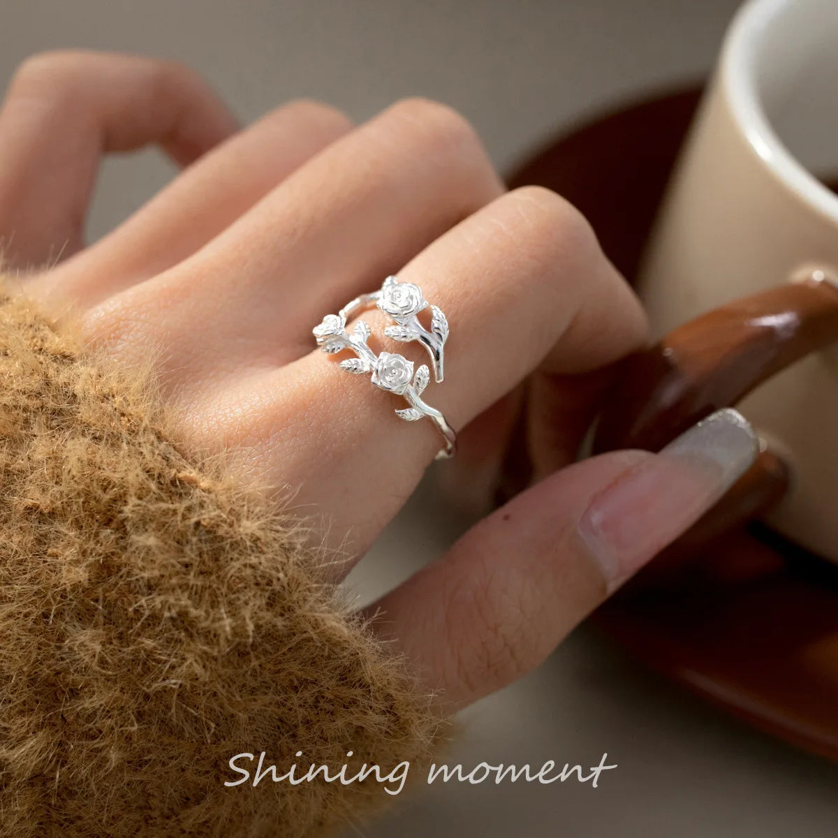 925 Silver Rose Branch Adjustable Ring Women