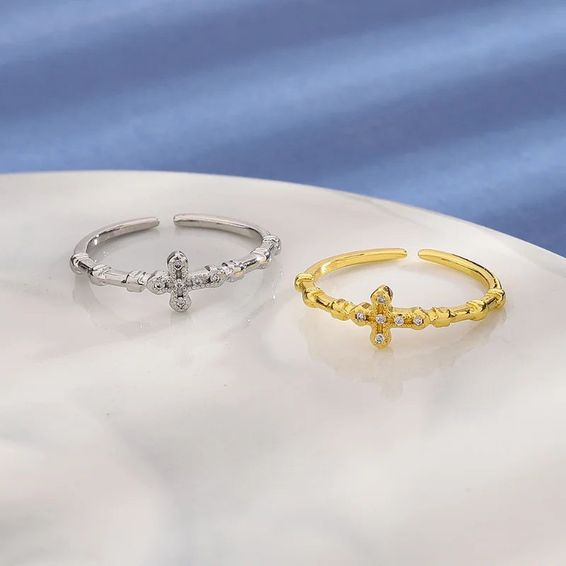 Cross Zircon Ring – Elegant Sparkle Adjustable Open Band