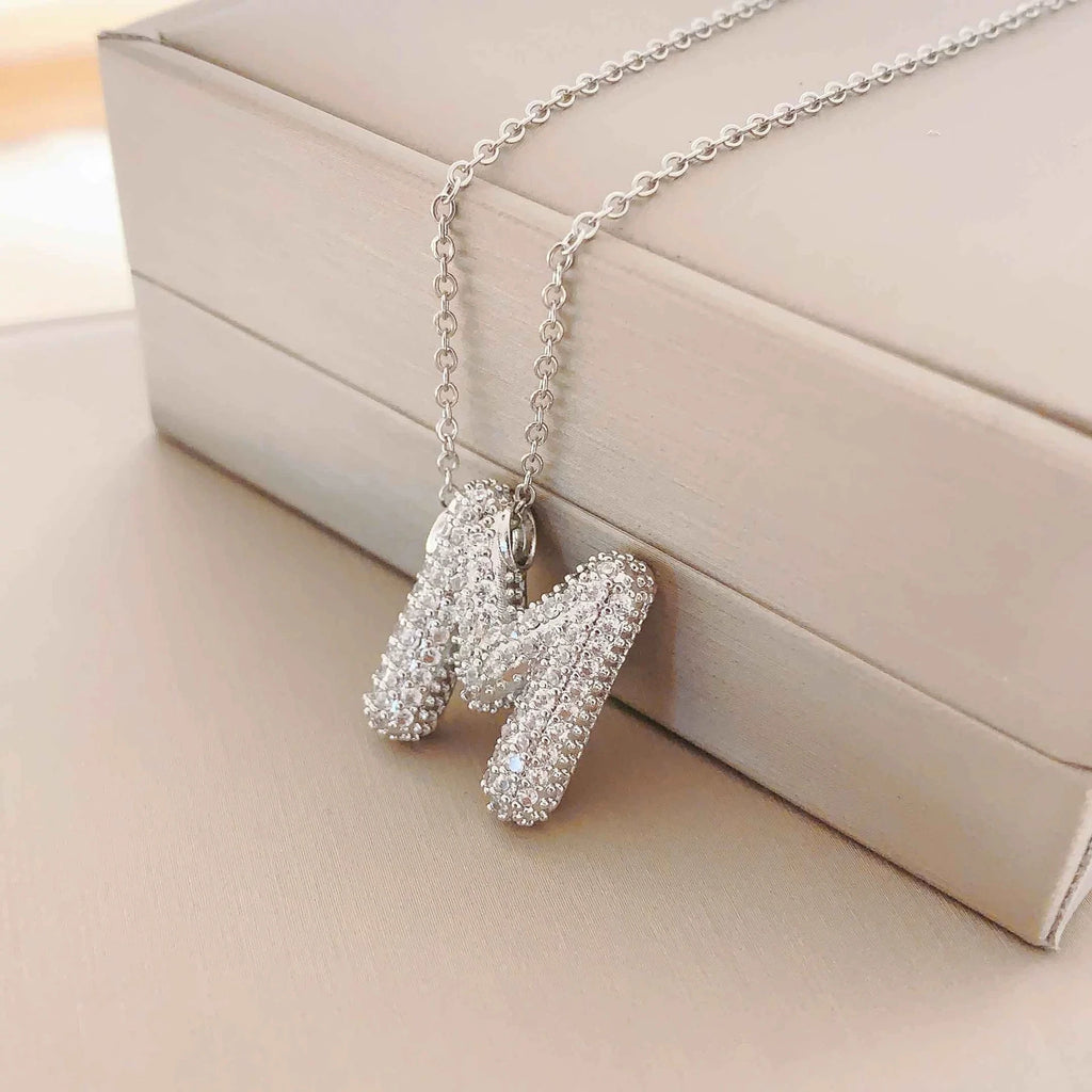 Bubble Initial Necklace – Sparkly A-Z Pavé Letter Pendant