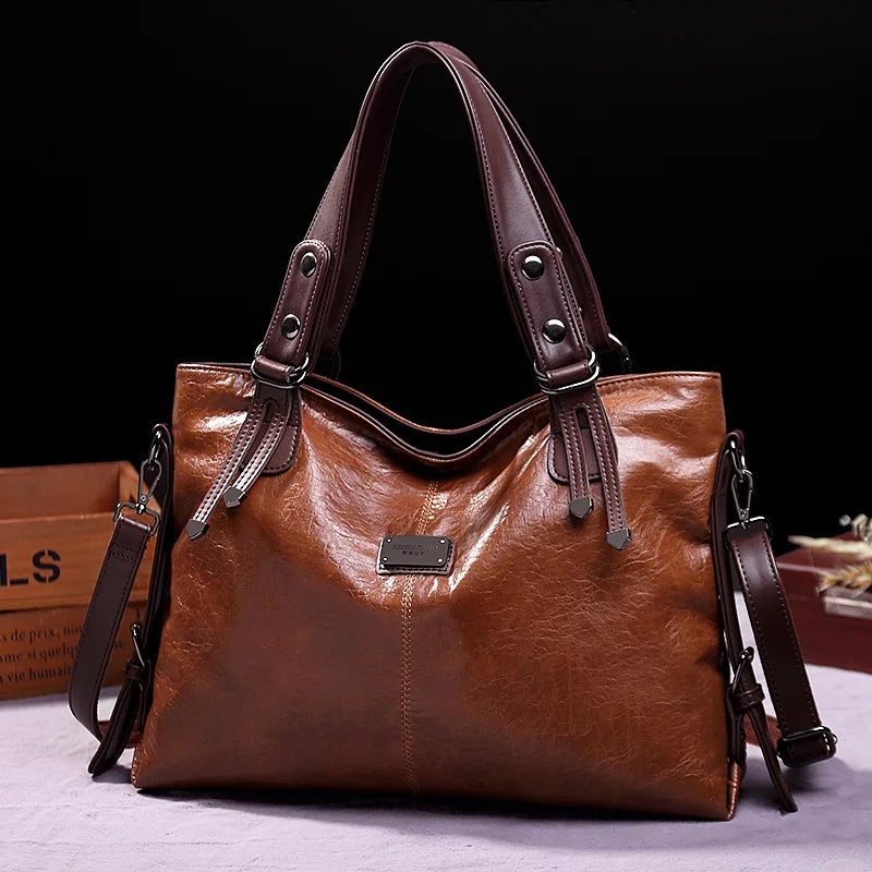 Vintage Soft Leather Tote Bag Women Shoulder Crossbody Handbag
