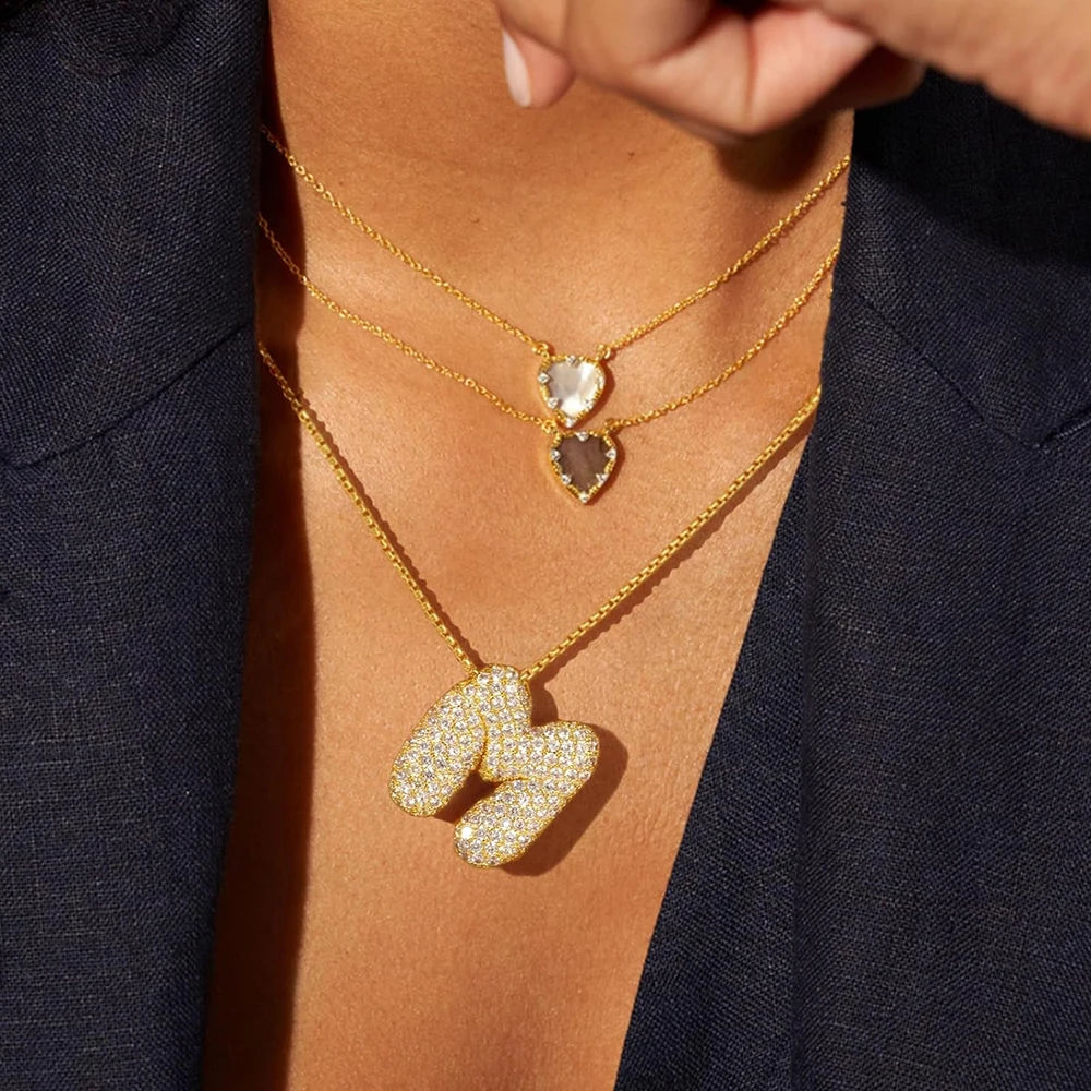 Gold Bubble Letter Necklace A-Z, Sparkly Zircon Initial Pendant