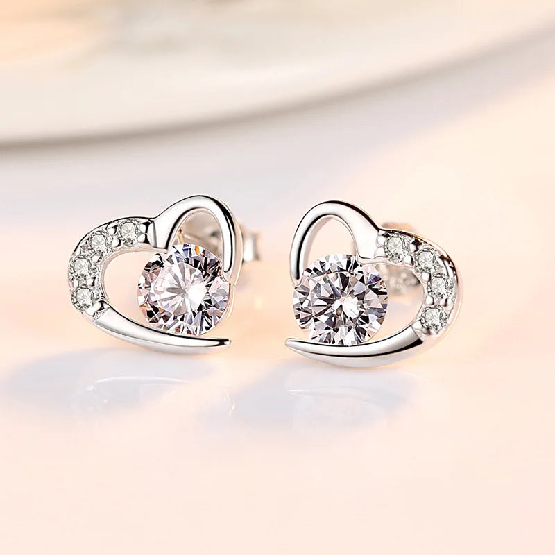 925 Sterling Silver Crystal Heart Stud Earrings for Women