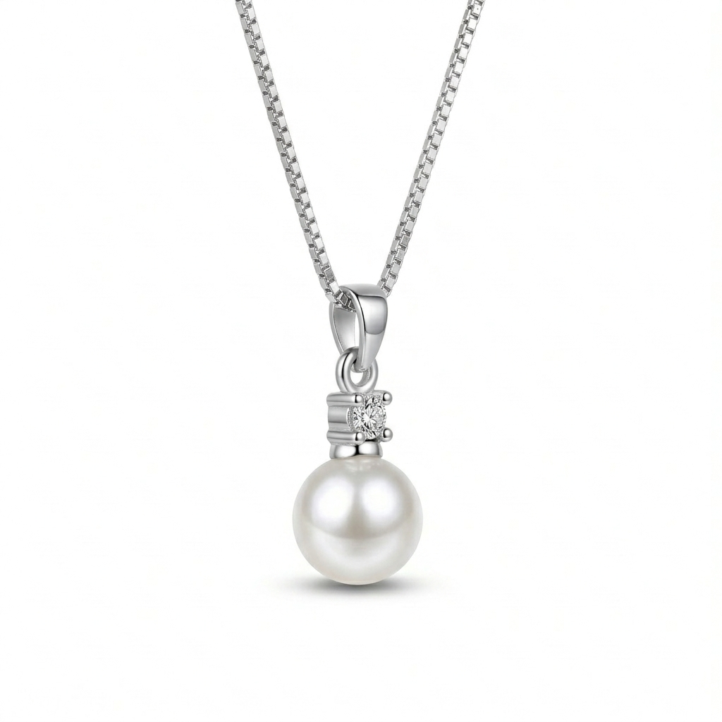 Sterling Silver Pearl Necklace – 45cm Zircon Pendant