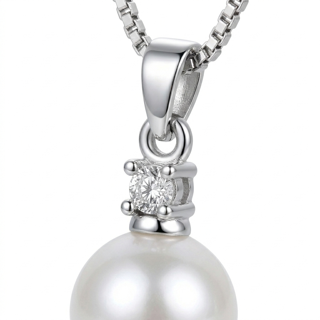 Sterling Silver Pearl Necklace – 45cm Zircon Pendant