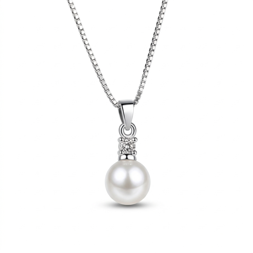 Sterling Silver Pearl Necklace – 45cm Zircon Pendant