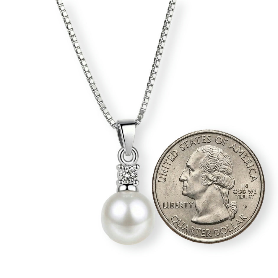 Sterling Silver Pearl Necklace – 45cm Zircon Pendant