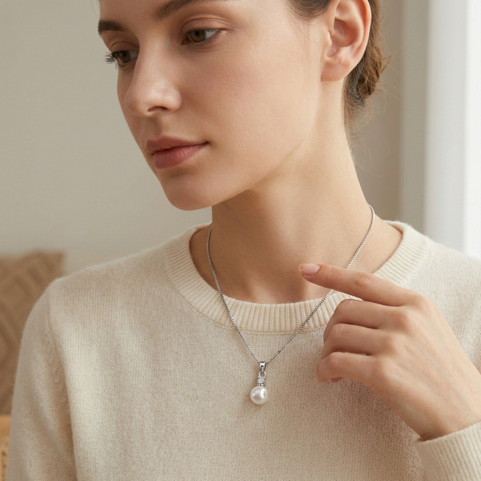 Sterling Silver Pearl Necklace – 45cm Zircon Pendant