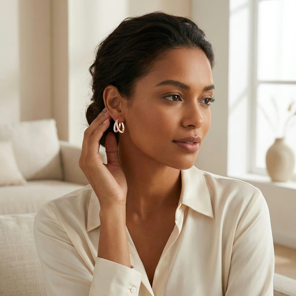 Twisted Silver Hoop Earrings – Elegant Zircon Detail