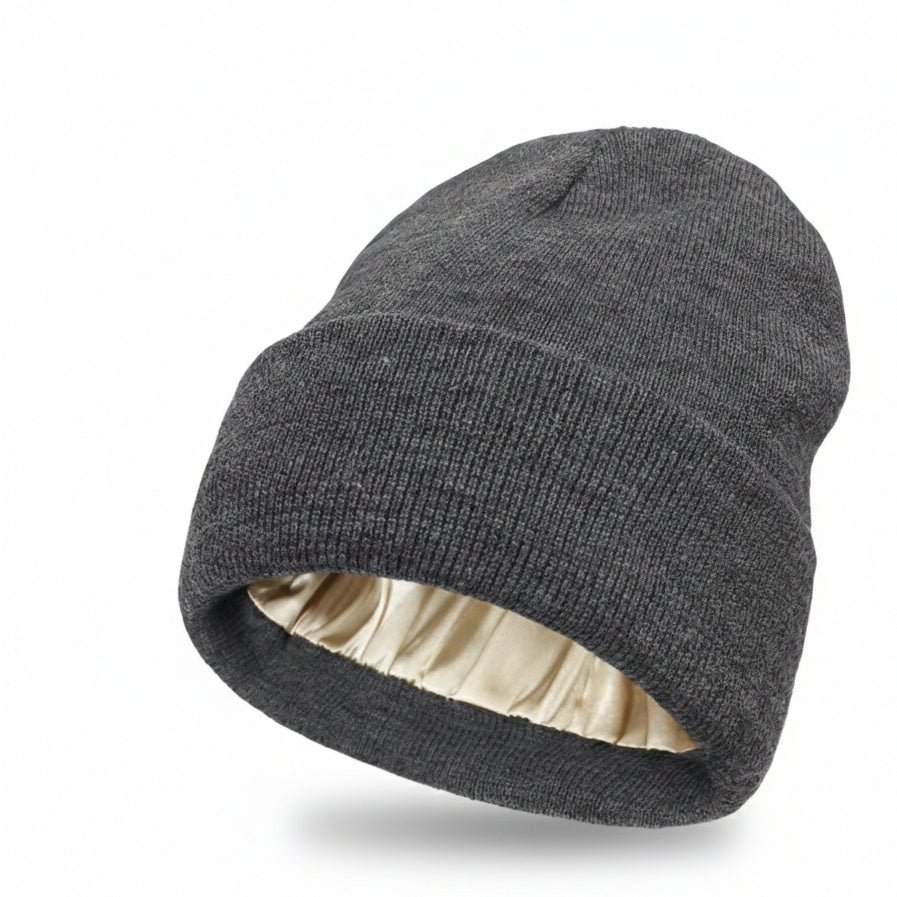 Silk Satin-Lined Winter Beanie - Warm Chunky Satin Head Cap for Men & Women