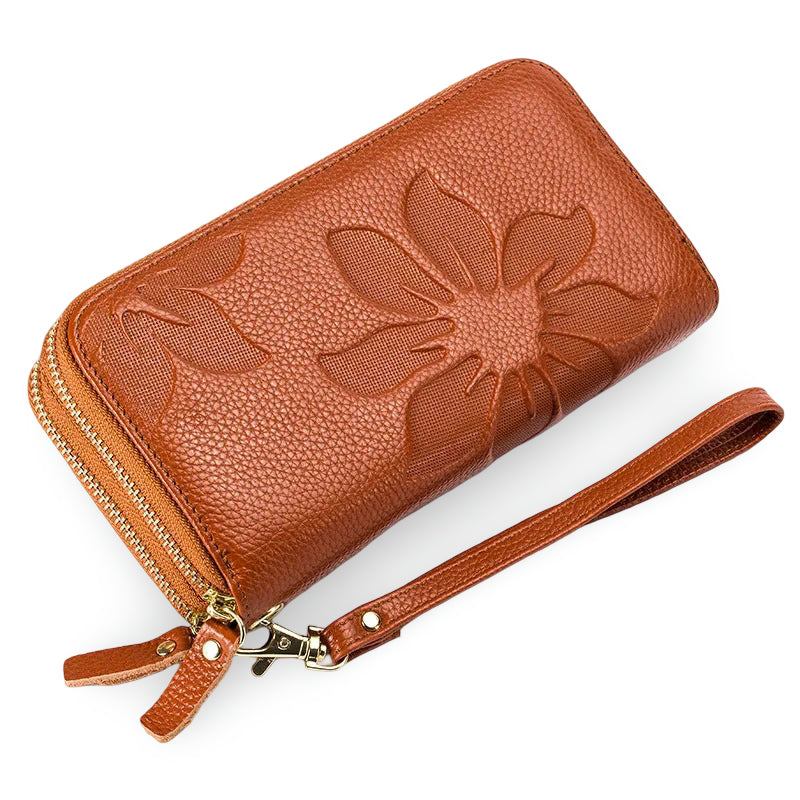 Genuine Leather Long Wallet – Chic Double Zipper