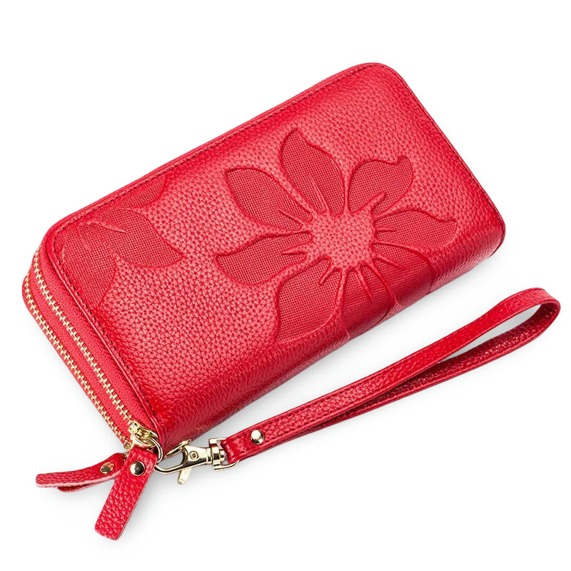 Genuine Leather Long Wallet – Chic Double Zipper