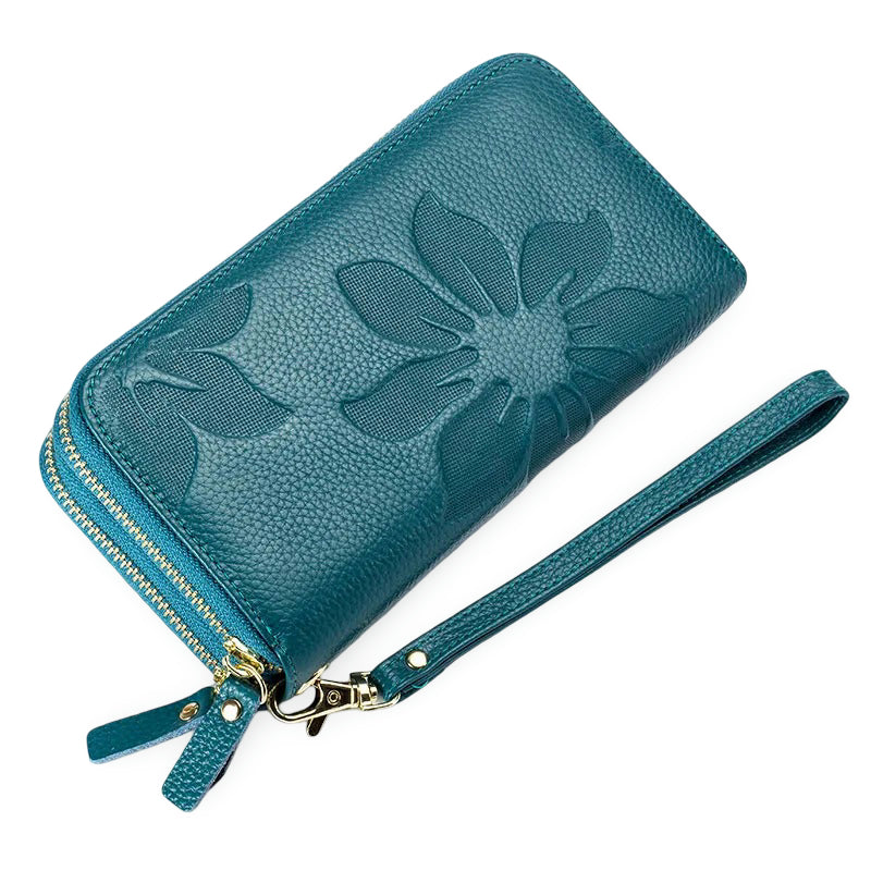 Genuine Leather Long Wallet – Chic Double Zipper