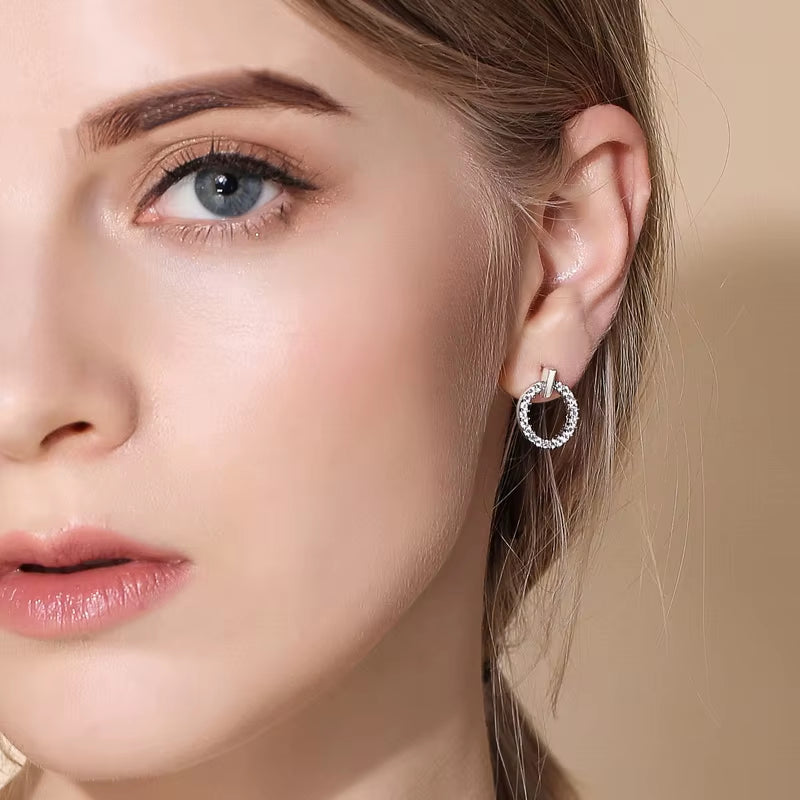 100% Real 925 Sterling Silver Crystal Round Stud Earrings