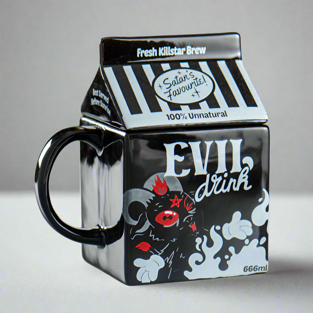 Black mug designed like a milk carton with 'Evil Drink' text and satanic-themed design.