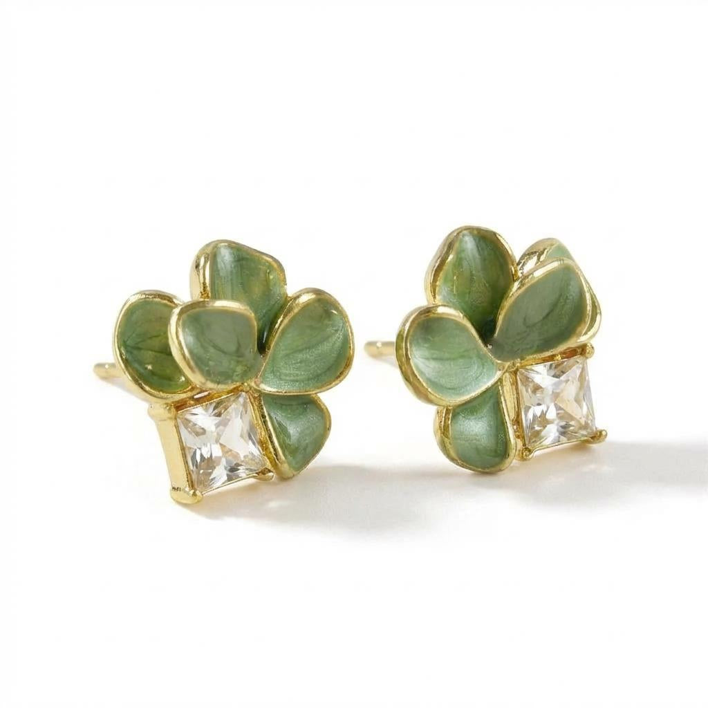 Green Enamel Flower Stud Earrings – Gold-Tone Crystal Accent