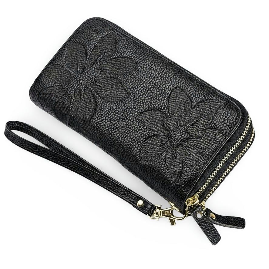Genuine Leather Long Wallet – Chic Double Zipper