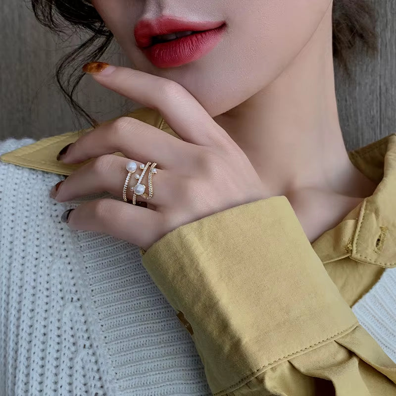 Luxurious and Exquisite Three-Layer Pearl Gold Color Adjustable Ring for Woman Jewelry Korean Fashion Girls Unusual Accessories