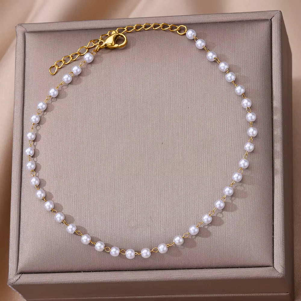 Anklets for Women Artificial Pearl Stainless Steel Chain Anklet Summer Beach Accessories Foot Leg Bracelets Decoration Jewelry