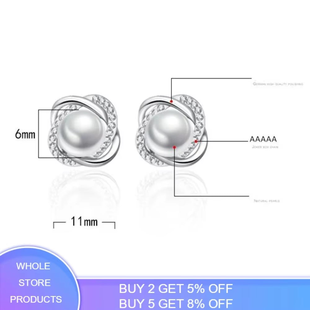 Luxury 925 Silver Zircon Pearl Twist Stud Earrings for Women