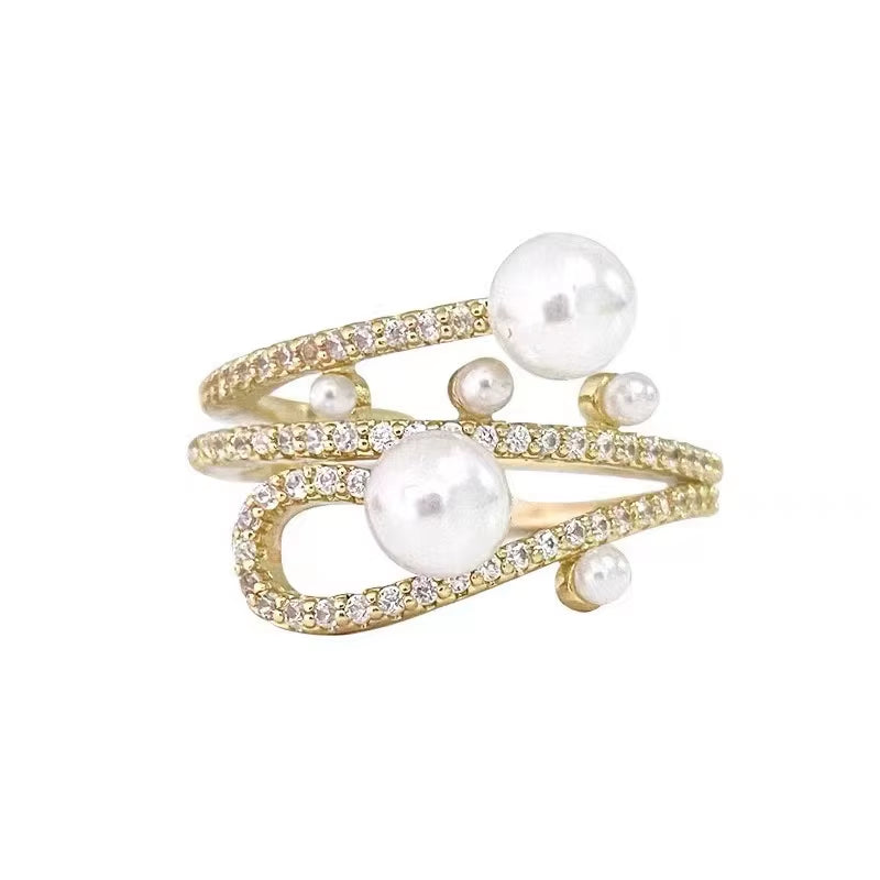 Luxurious and Exquisite Three-Layer Pearl Gold Color Adjustable Ring for Woman Jewelry Korean Fashion Girls Unusual Accessories