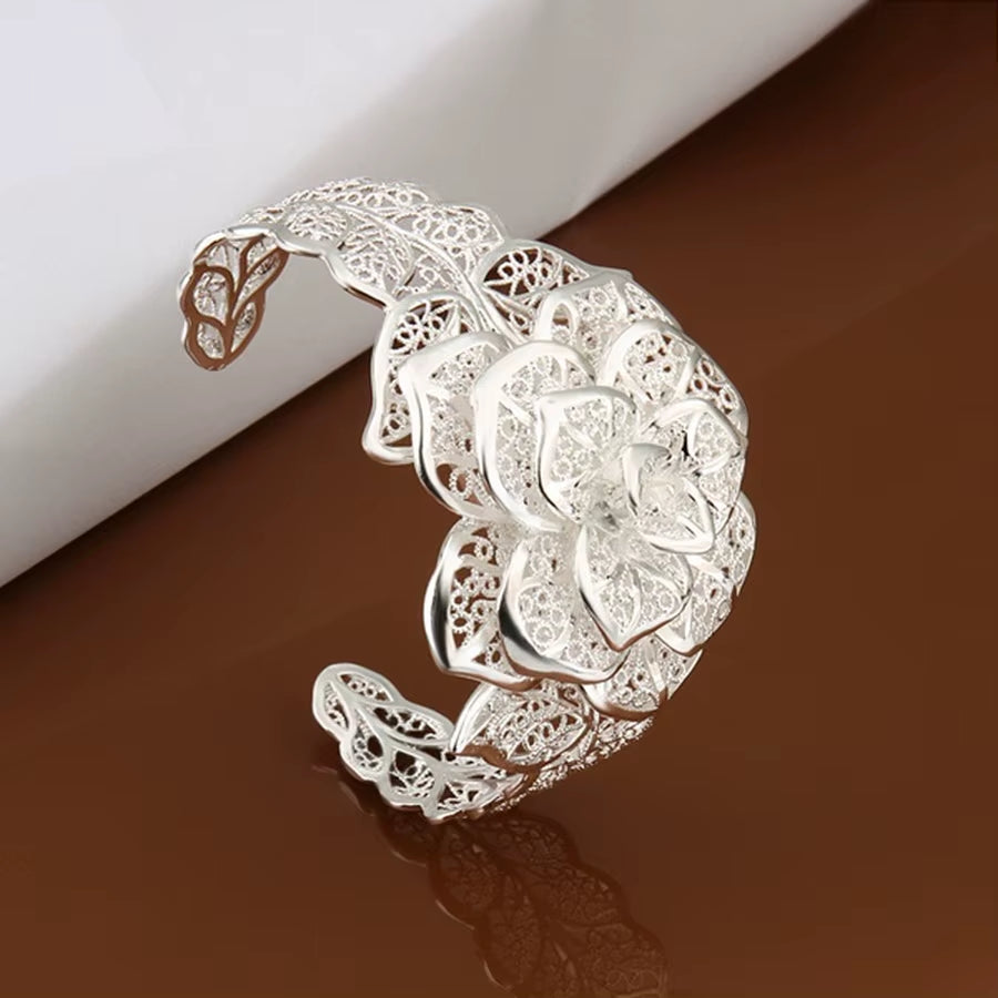 925 Sterling Silver Retro Floral Bangle for Women, Adjustable Charm