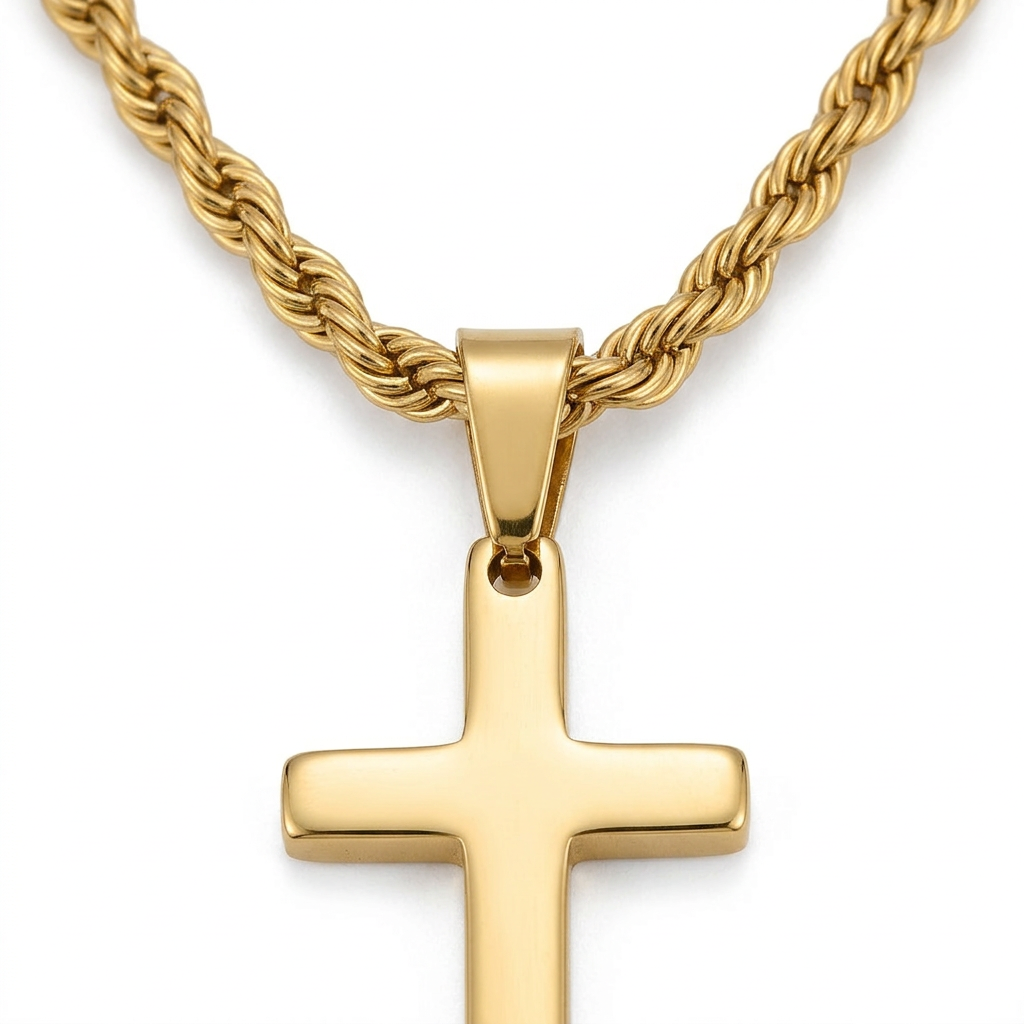 Gold Cross Pendant Necklace – Minimalist Chic Stainless Steel Rope Chain