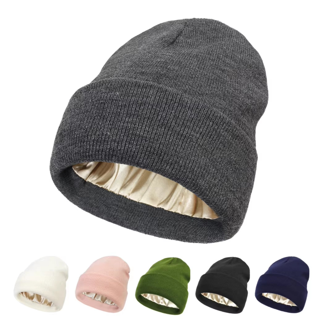 Silk Satin-Lined Winter Beanie - Warm Chunky Satin Head Cap for Men & Women