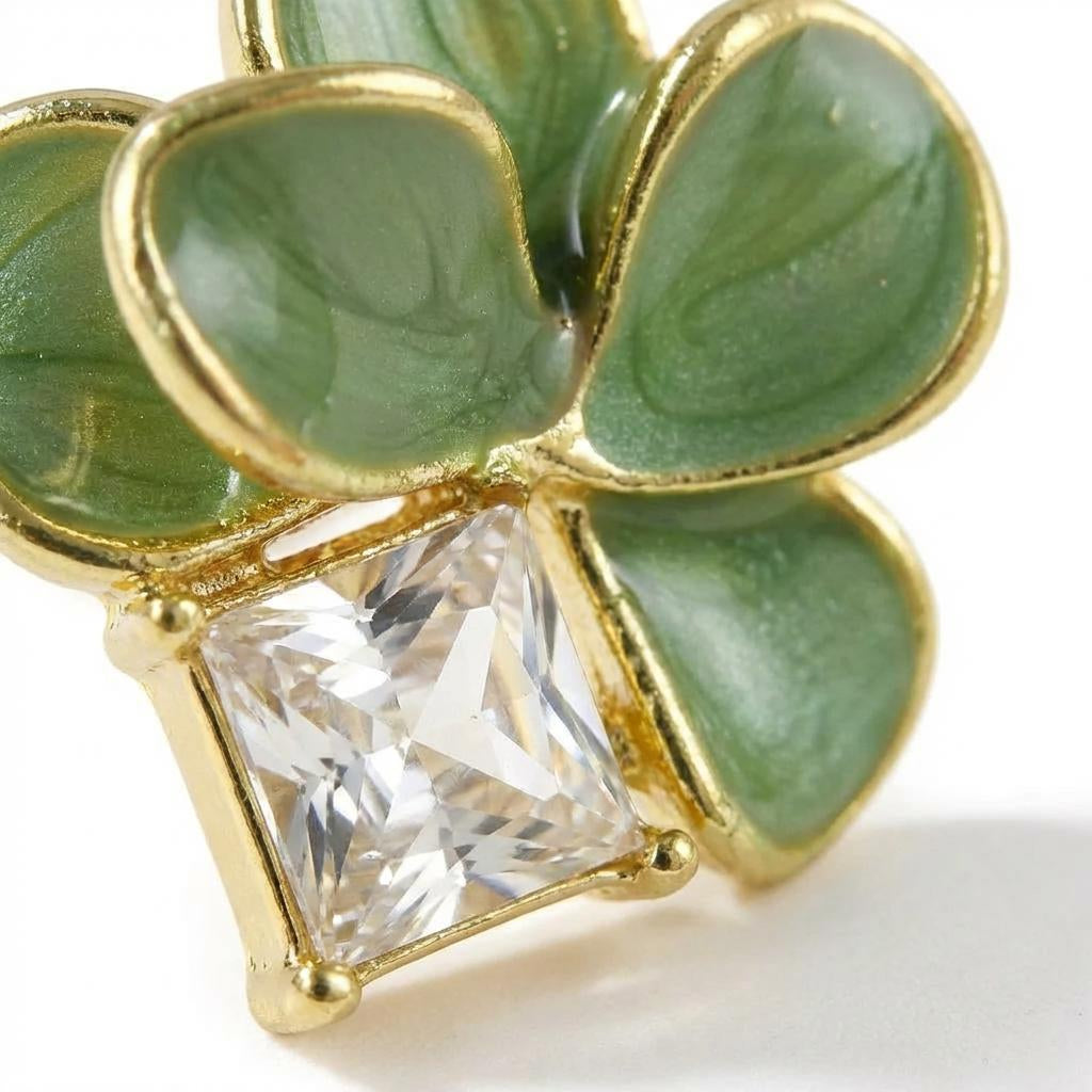 Green Enamel Flower Stud Earrings – Gold-Tone Crystal Accent