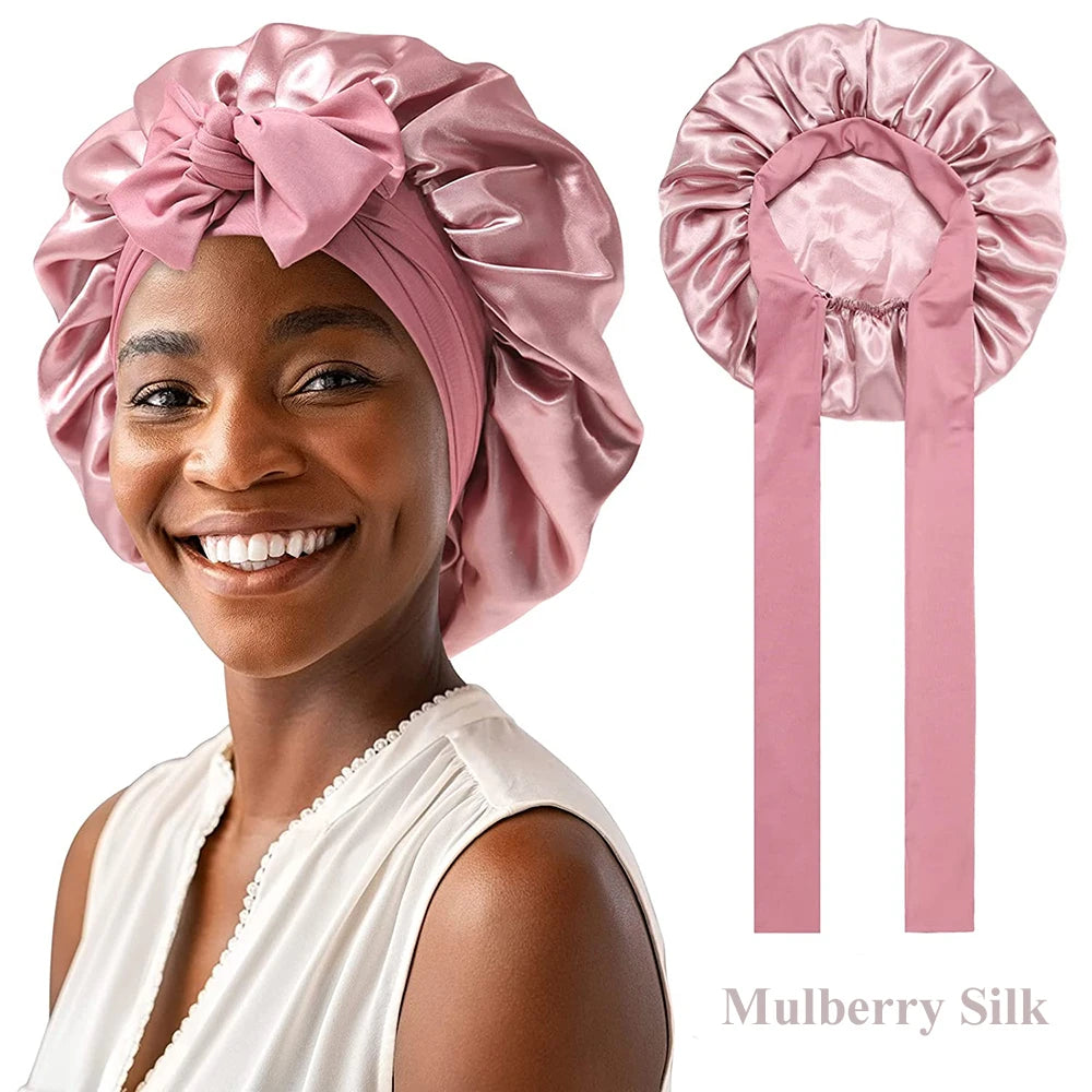 Mulberry Silk Sleeping Bonnet for Women, Large Sleep Cap