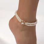 Pearl Layered Anklet – Double Chain Zircon Detail