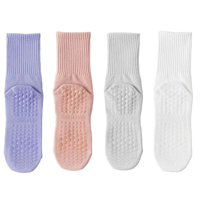 4 Pairs Yoga Socks for Women Simple Solid Color Cotton Pilates Socks Mid Calf Silicone Non-Slip Fitness Gym Indoor Floor Socks