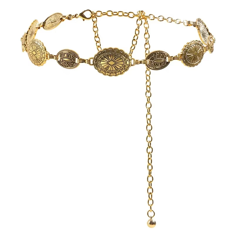 Retro Style Women'S Metal Waist Chain Accessories Decorative Circle Carved Chain Belt High Style Accessories