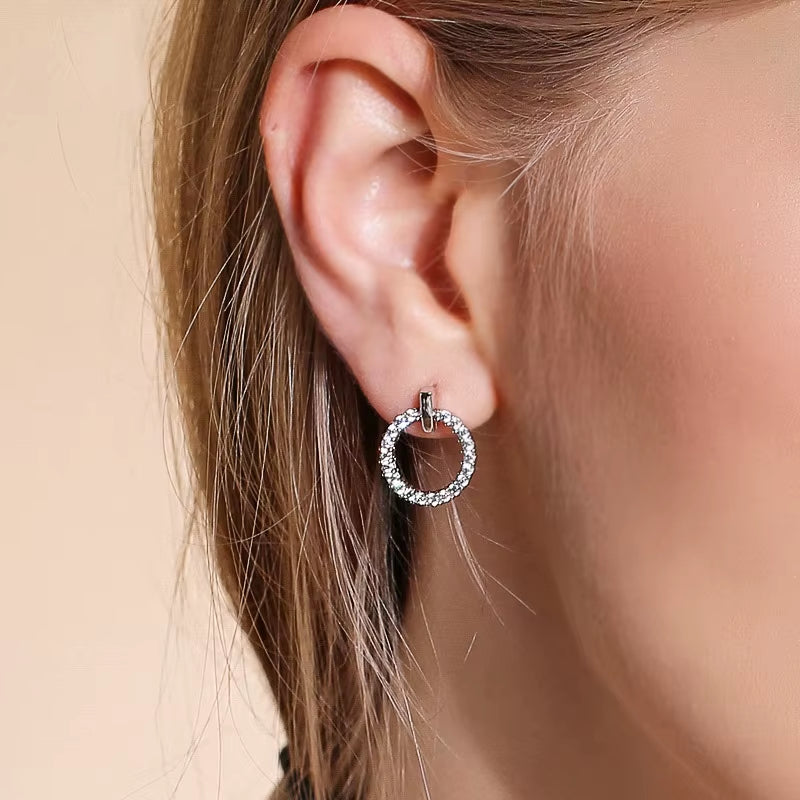 100% Real 925 Sterling Silver Crystal Round Stud Earrings